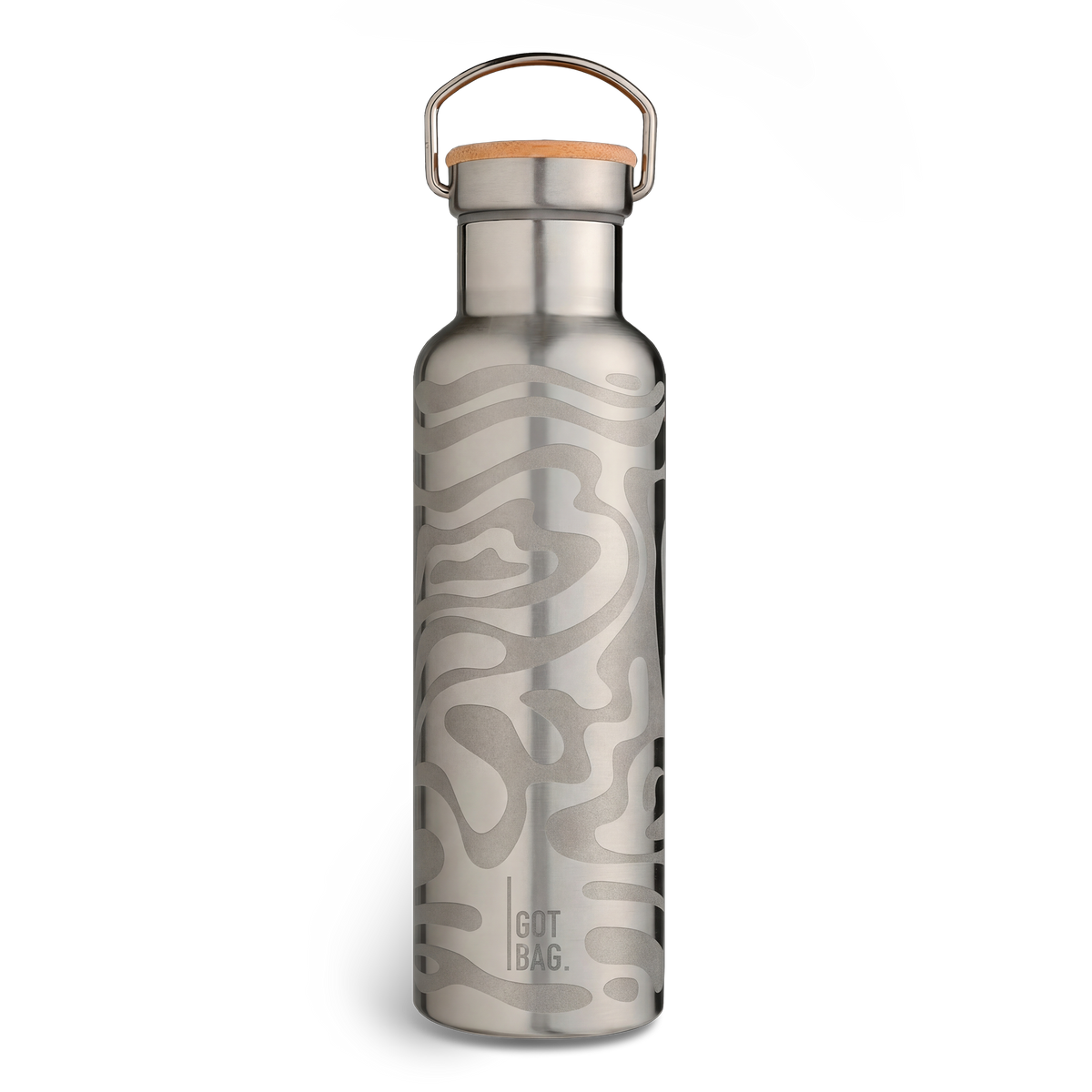 BOTTLE Accessoire aus Edelstahl in Frontansicht mit Holzdeckel, Metallgriff und wellenförmigem Muster.