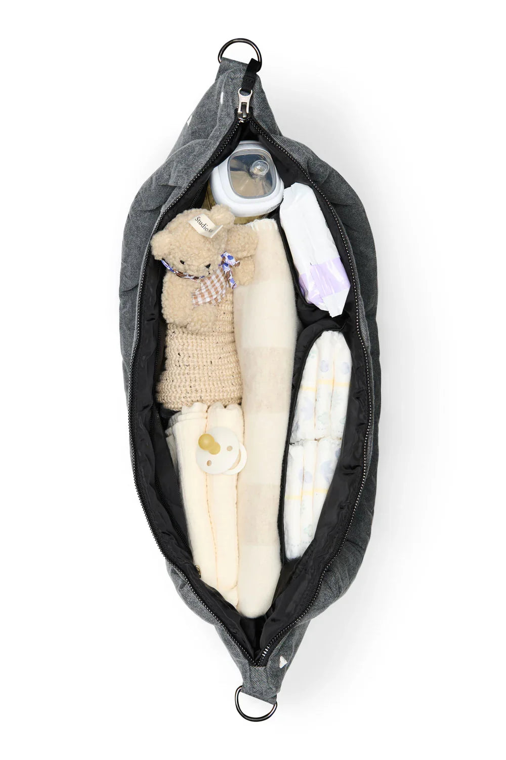 Grey Hearts Denim Diaper Bag