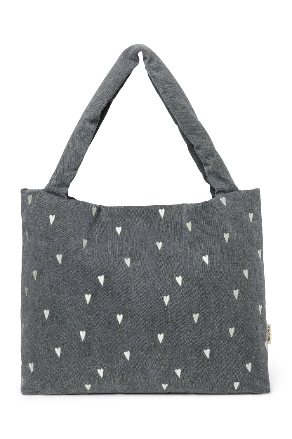 Grey Hearts Denim Mom Bag