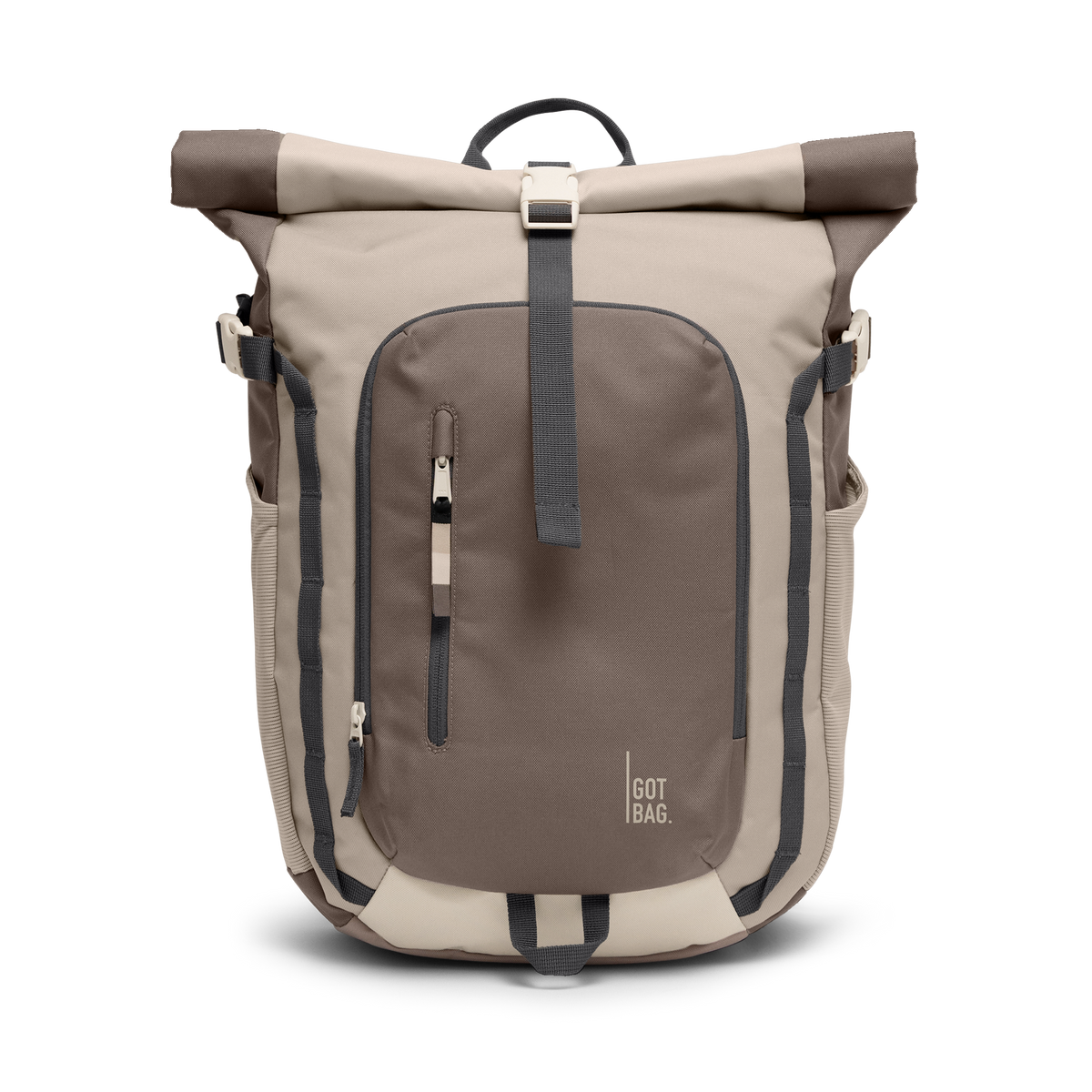 ROLLTOPADVENTUREMONOCHROME Rucksack in multioyster mit Rollverschluss und Reißverschlusstaschen in Frontansicht.