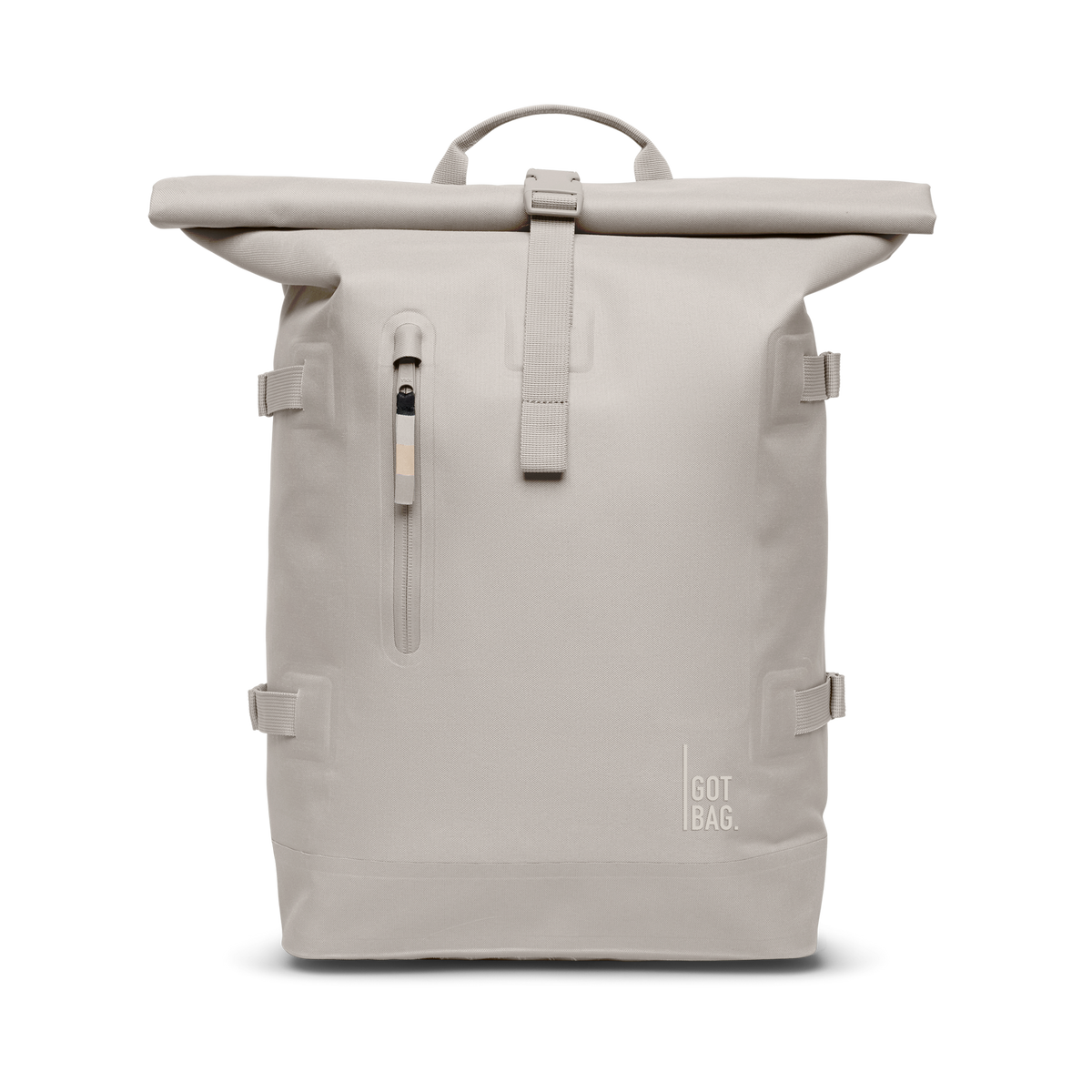 ROLLTOP 2.0 Monochrom Edition Rucksack in clam (helles, warmes Grau) als Studioaufnahme in Frontansicht.