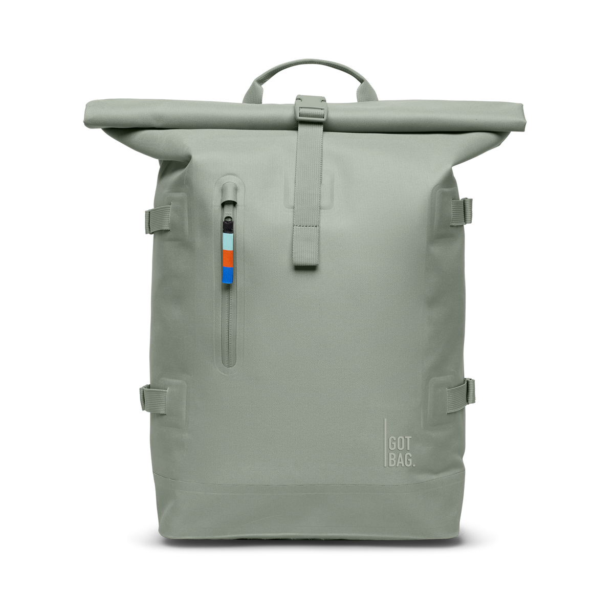ROLLTOP Rucksack in bass (Salbeigrün) als Frontansicht.