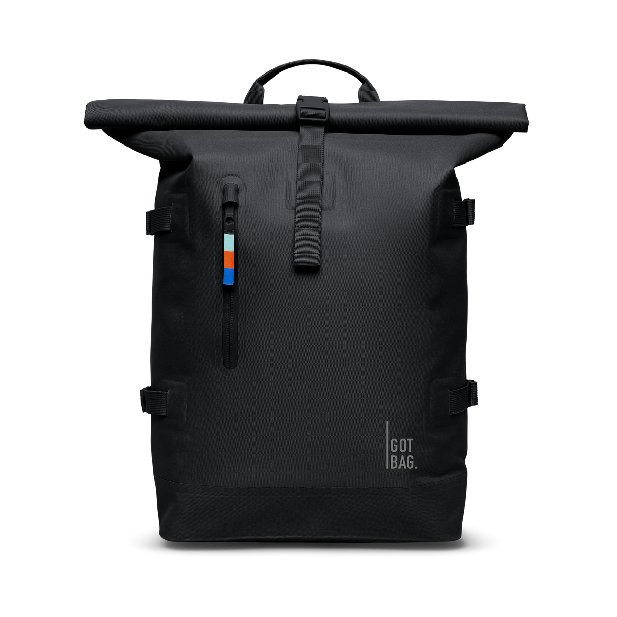 ROLLTOP Rucksack in black (Schwarz) als Studioaufnahme in Frontansicht.