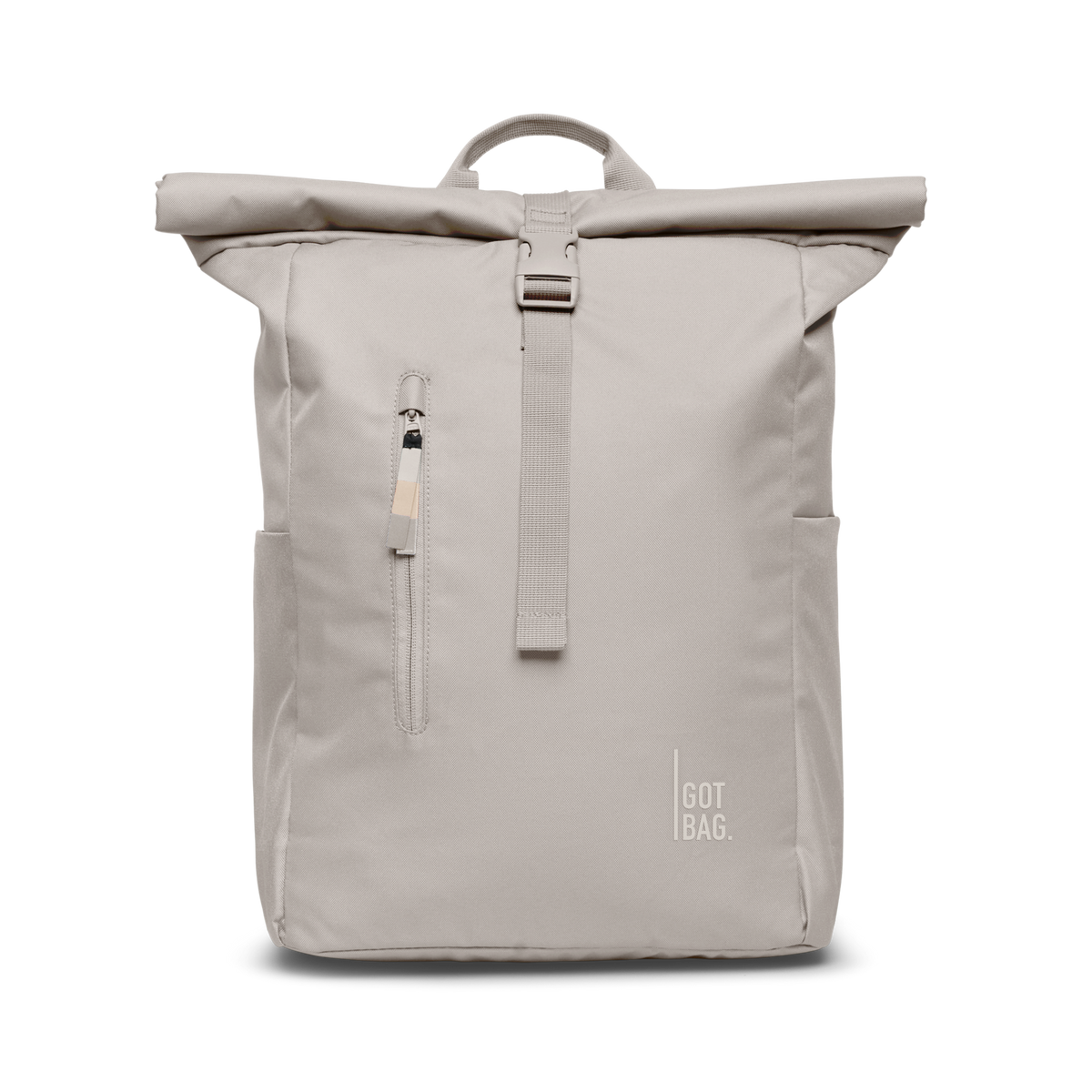 ROLLTOP EASY Monochrome Rucksack in clam (helles, warmes Grau) als Studioaufnahme in Frontansicht.
