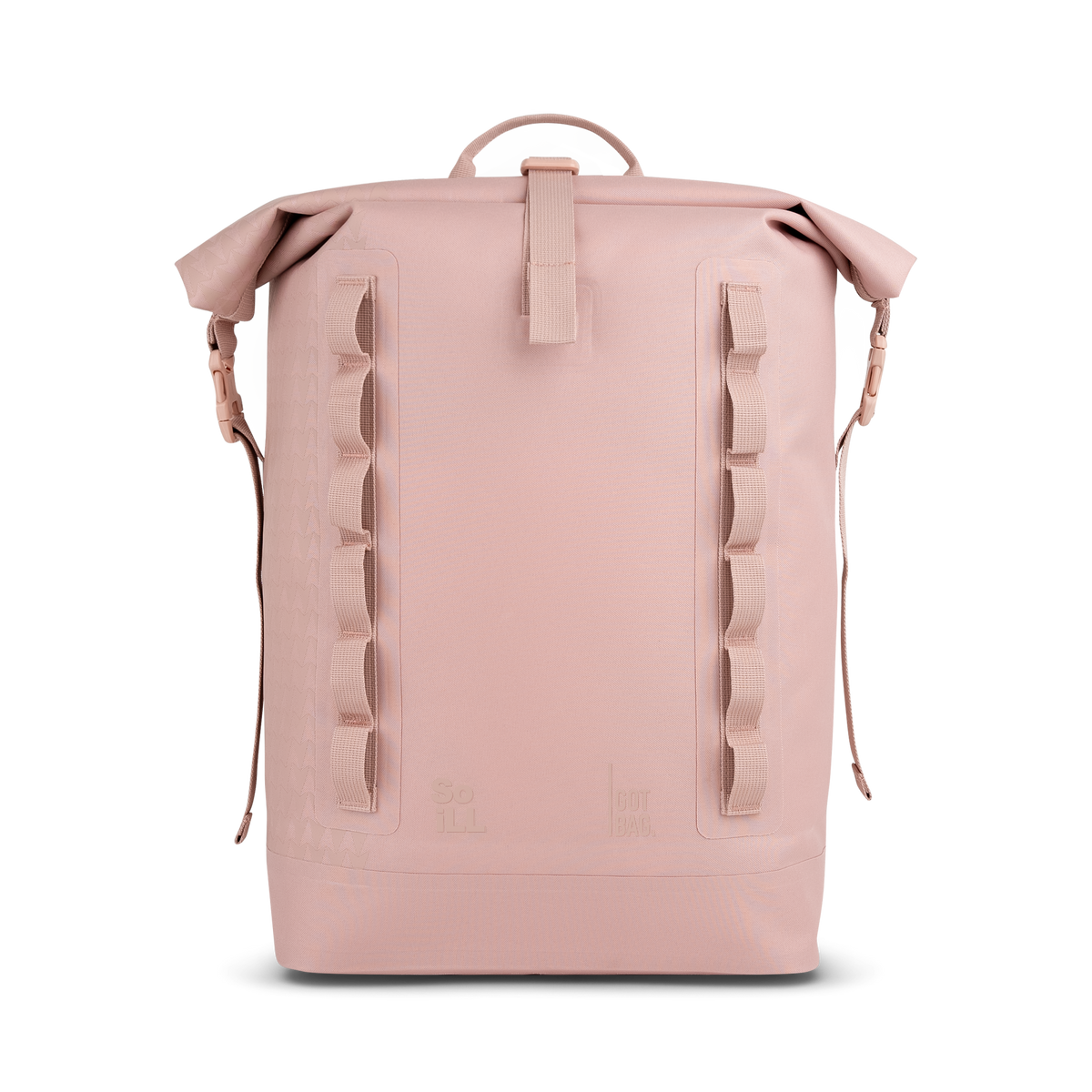 ROLLTOP ON THE ROAM Rucksack in dirty pink als Studioaufnahme in Frontansicht.