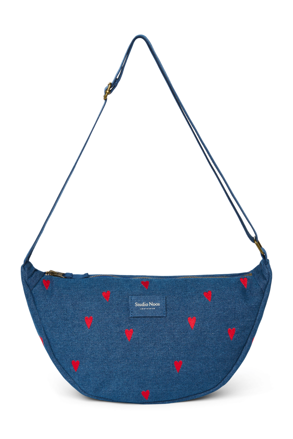 Denim Adult Fanny Pack | Dark Blue Red Hearts
